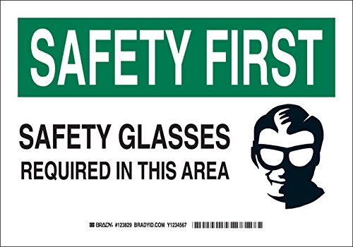 Брејди 123830 знак за лична заштита, легенда „Безбедносни очила потребни во оваа област“, ​​10 „висина, 14“ тежина, зелена и