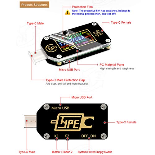 MakerHawk USB мерач на моќност, TC66 USB тестер тип C USB напон мерач и тесен тестер, 0,96 инчен IPS IPS во боја LCD Tester