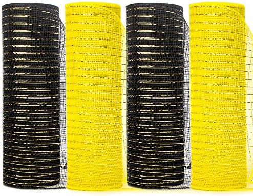 Ribbli 4 ролни црна и жолта метална лента со лента, деко-решетка 10 инчи x 30 стапки секоја ролна, црна и жолта лента за бришење