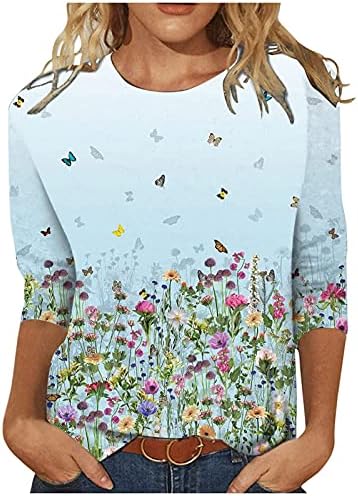 Женска 3/4 ракав цветна маица за печатење удобни обични врвови за тинејџерки летни екипи на вратот маички блузи