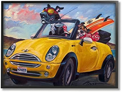 Tuphell Industries Pet Dogs Yellow Convertible Surfboard Beach Car Black Framed Wallидна уметност, 20 x 16