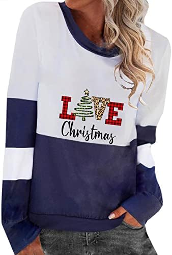 Божиќни џемпери за жени лабави со долги ракави што лежат кошули за печатење со екипаж на екипажот на бои за топични врвови на