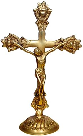 Crafthut Исус ја вкрстува Христовата статуа во антички финиш | Месинг идол и домашен декор | Религиозна висина на фигурата -
