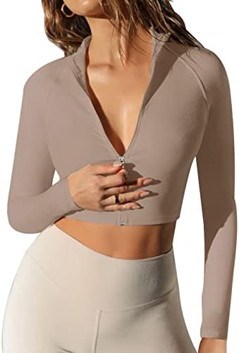ЛАСЛУЛУ женски патент тренинг врвен беспрекорен долг ракав ребрести јога атлетска кошула исечени џемпери тенок вклопат култури