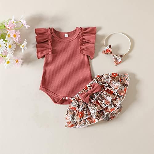 Облека за девојчиња за новороденчиња, слатки летни шорцеви за облека, поставени цврсти ребрести рафли врвни ромпер цветни здолништа